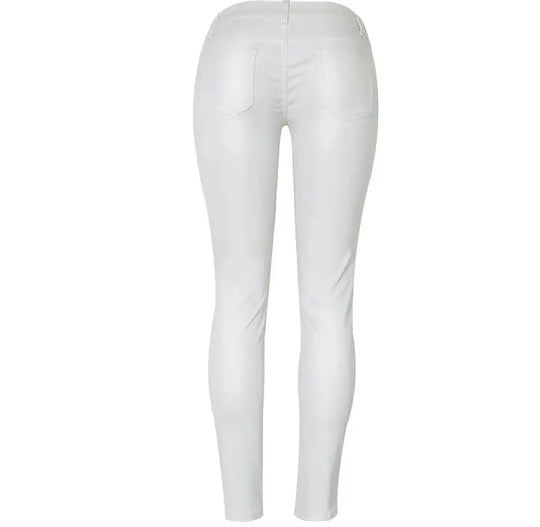 Women's low rise pants, elastic tight pants with double zipper, white faux leather pants for women MedSurgery Store For Digital Health