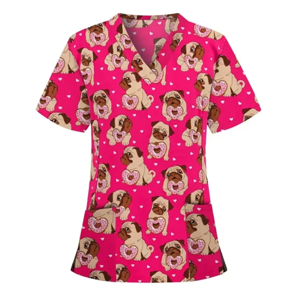 Animal vignette print veterinary surgical uniform for women, fashion v-neck tops, short sleeve, pet doctor CJdropshipping.