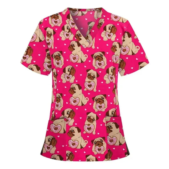 Animal vignette print veterinary surgical uniform for women, fashion v-neck tops, short sleeve, pet doctor CJdropshipping.