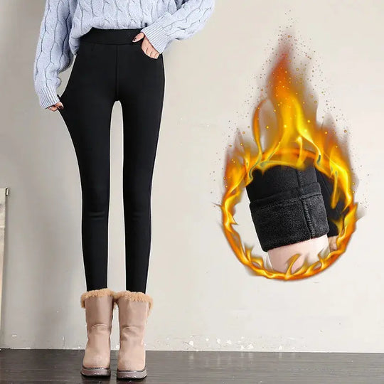 Women's warm winter leggings, thick velvet tight pants, casual solid elastic skinny pants with elastic waistband, black and white MedSurgery Store For Digital Health