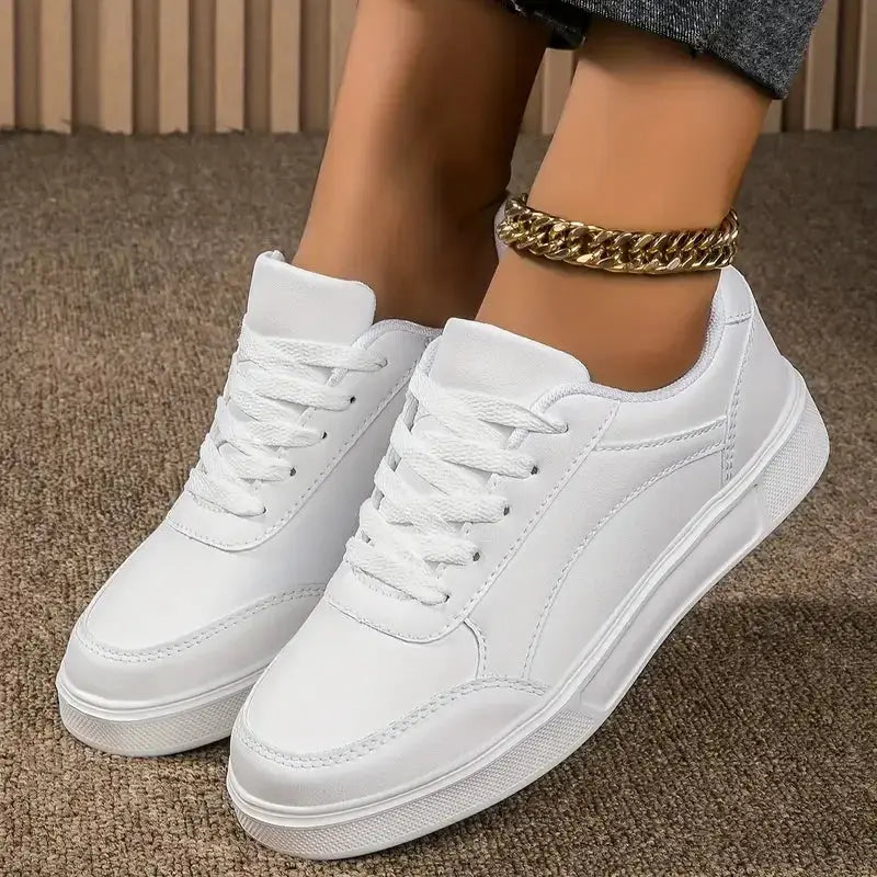 Women's white shoes, white slate lace-up casual flat shoes, PU leather walking shoes, thick sole, luxury outdoor fashion MedSurgery Store For Digital Health