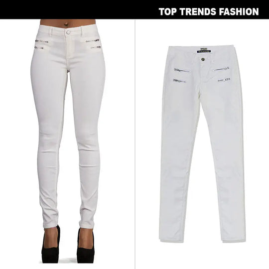 Women's low rise pants, elastic tight pants with double zipper, white faux leather pants for women MedSurgery Store For Digital Health