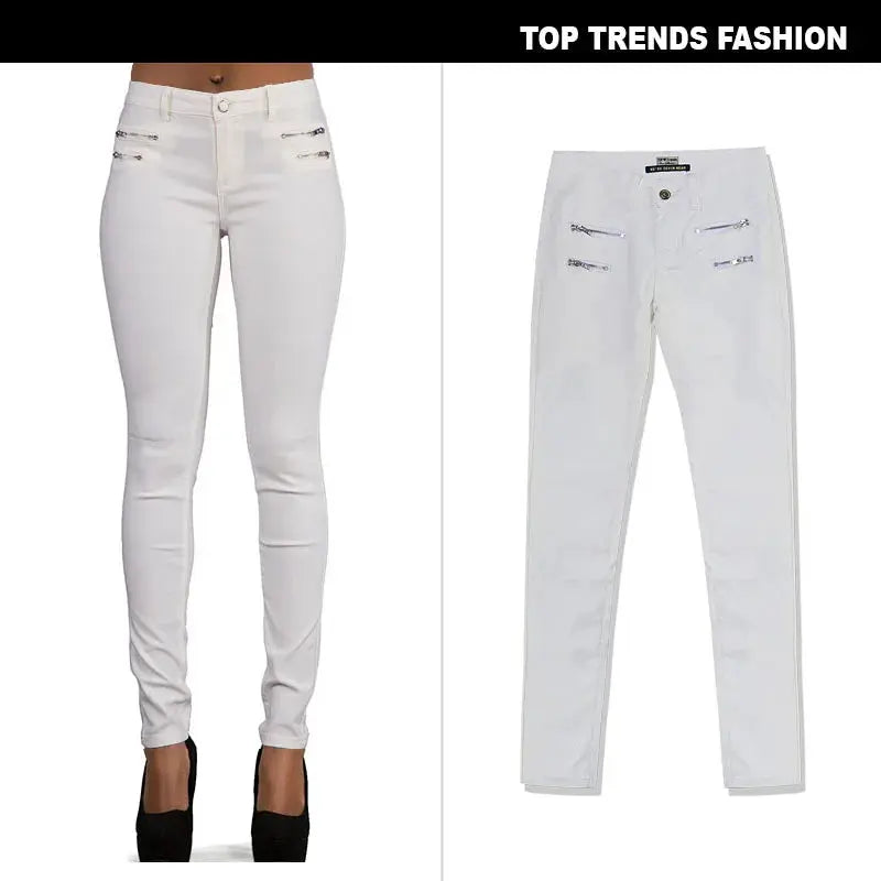 Women's low rise pants, elastic tight pants with double zipper, white faux leather pants for women MedSurgery Store For Digital Health