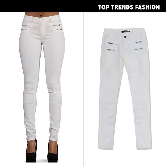 Women's low rise pants, elastic tight pants with double zipper, white faux leather pants for women MedSurgery Store For Digital Health
