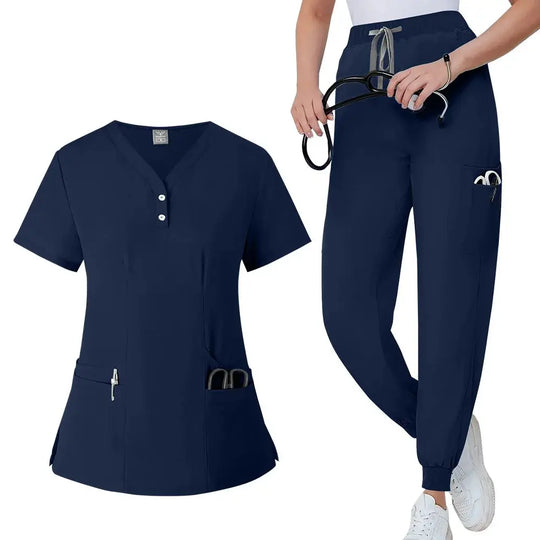 Women's gown set, V-neck pocket top, exfoliating jogging pants with drawstring, nursing scrubs, surgical scrubs CJdropshipping