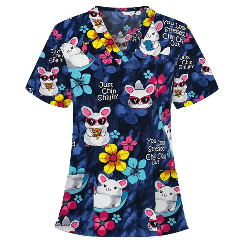 Animal vignette print veterinary surgical uniform for women, fashion v-neck tops, short sleeve, pet doctor CJdropshipping.