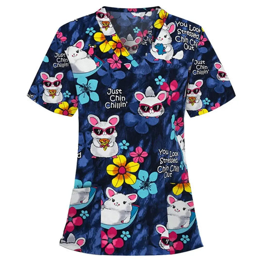 Animal vignette print veterinary surgical uniform for women, fashion v-neck tops, short sleeve, pet doctor CJdropshipping.