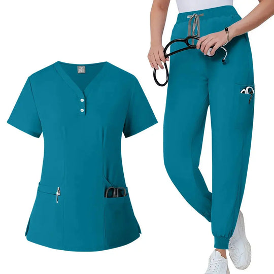 Women's gown set, V-neck pocket top, exfoliating jogging pants with drawstring, nursing scrubs, surgical scrubs CJdropshipping