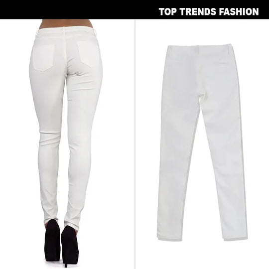 Women's low rise pants, elastic tight pants with double zipper, white faux leather pants for women MedSurgery Store For Digital Health