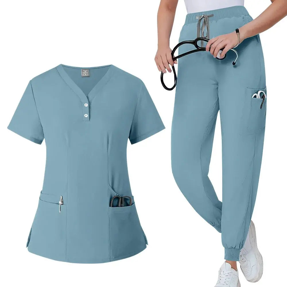 Women's gown set, V-neck pocket top, exfoliating jogging pants with drawstring, nursing scrubs, surgical scrubs CJdropshipping