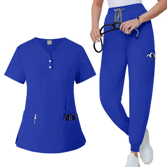 Women's gown set, V-neck pocket top, exfoliating jogging pants with drawstring, nursing scrubs, surgical scrubs CJdropshipping
