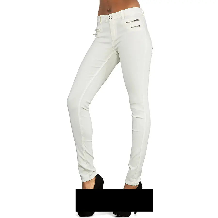 Women's low rise pants, elastic tight pants with double zipper, white faux leather pants for women MedSurgery Store For Digital Health