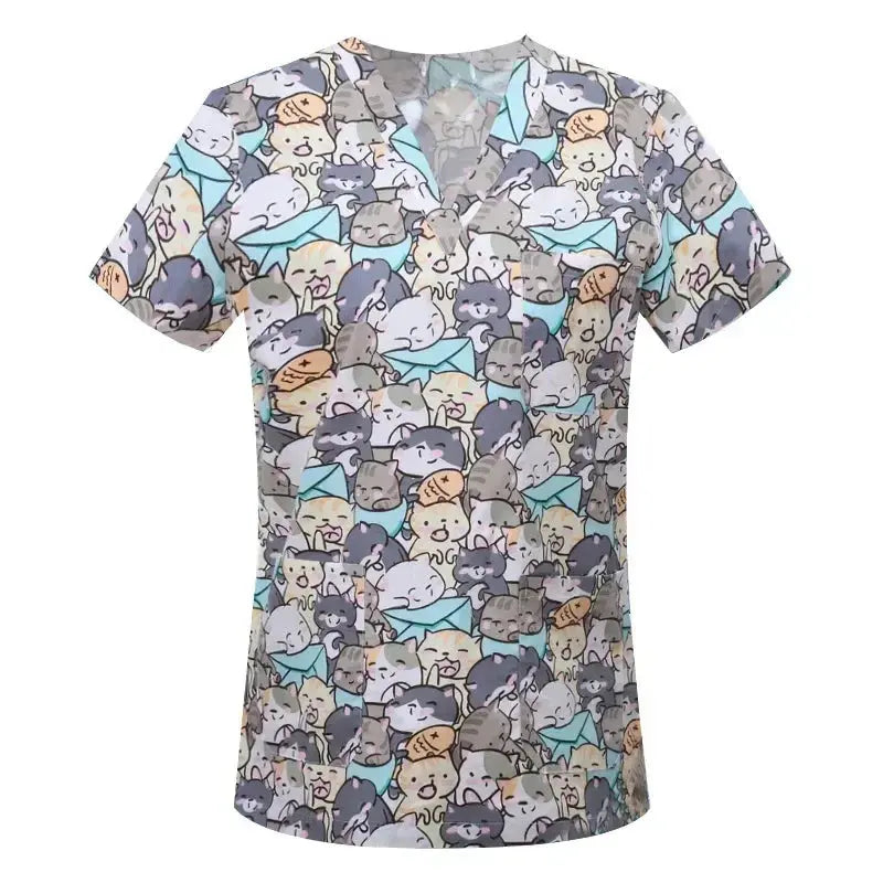 Cartoon animal print cotton blouse, medical surgical scrubs for pet clinic, Hospital, nursing CJdropshipping