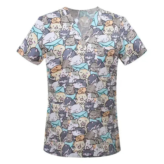 Cartoon animal print cotton blouse, medical surgical scrubs for pet clinic, Hospital, nursing CJdropshipping