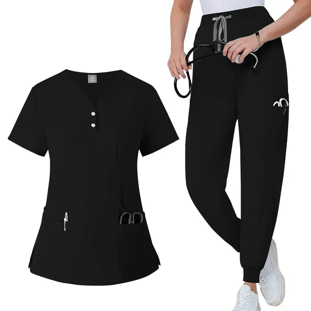 Women's gown set, V-neck pocket top, exfoliating jogging pants with drawstring, nursing scrubs, surgical scrubs CJdropshipping