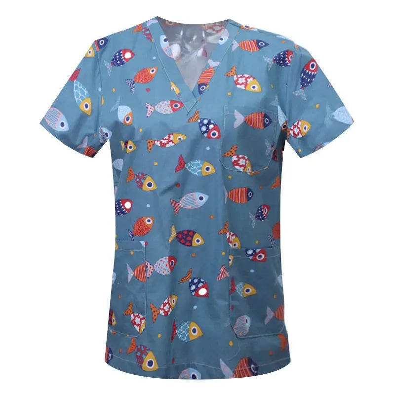 Cartoon animal print cotton blouse, medical surgical scrubs for pet clinic, Hospital, nursing CJdropshipping