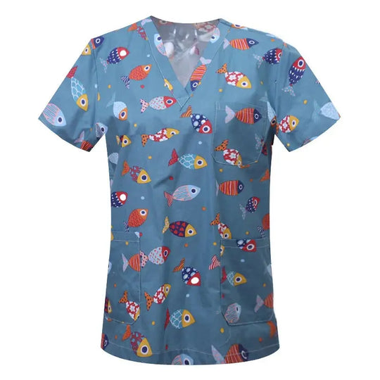 Cartoon animal print cotton blouse, medical surgical scrubs for pet clinic, Hospital, nursing CJdropshipping