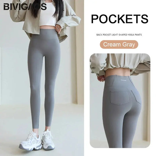 BIVIGAOS 2025 Spring Summer back pocket Sharkskin Leggings women's tight white Casual sport Fitness Leggings Leggings skinny pants MedSurgery Store For Digital Health