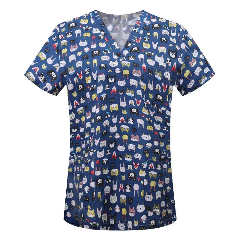 Cartoon animal print cotton blouse, medical surgical scrubs for pet clinic, Hospital, nursing CJdropshipping