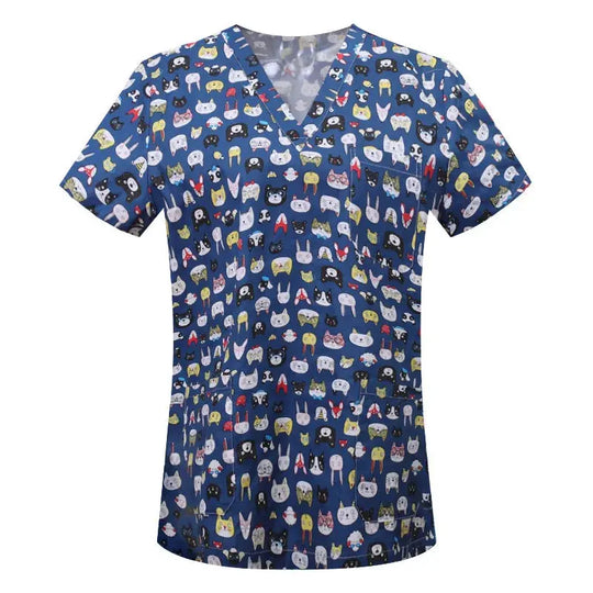 Cartoon animal print cotton blouse, medical surgical scrubs for pet clinic, Hospital, nursing CJdropshipping