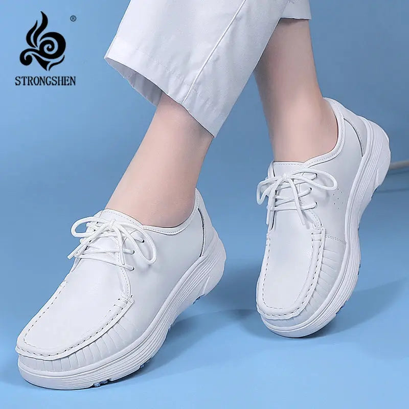 STRONGSHEN, white platform shoes, women's nursing shoes, light and comfortable casual work shoes, women's fashion slip-on shoes MedSurgery Store For Digital Health