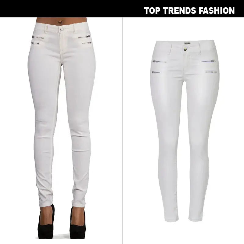 Women's low rise pants, elastic tight pants with double zipper, white faux leather pants for women MedSurgery Store For Digital Health