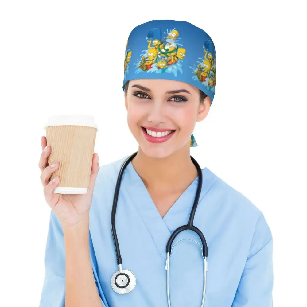 Customized The Simpsons Cartoon Cartoon Medical Staff Scrubs Hat Men Women Doctor Nursing Surgical Scrub Caps MedSurgery Store For Digital Health