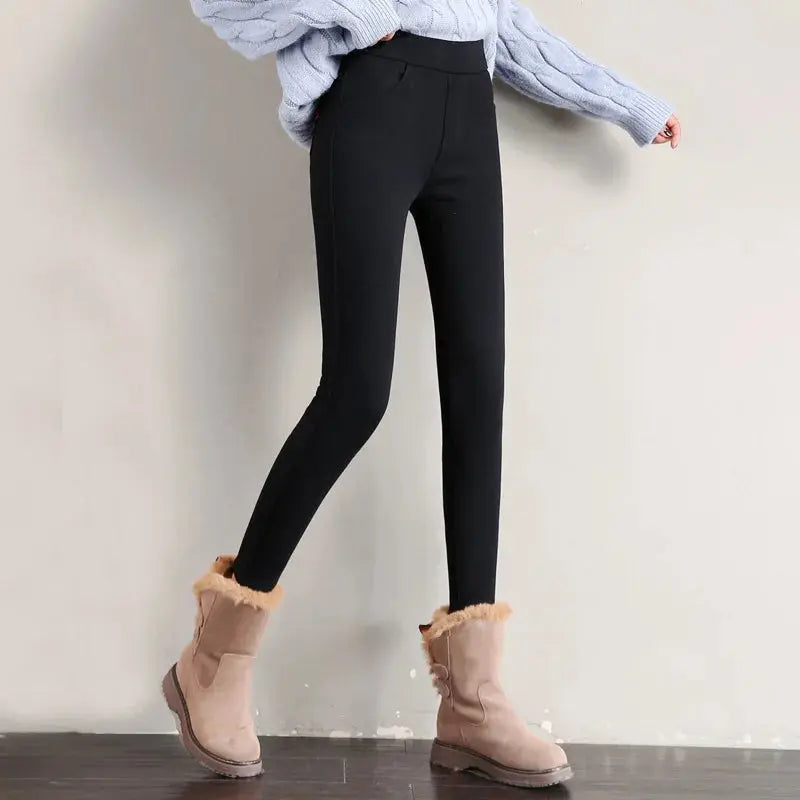 Women's warm winter leggings, thick velvet tight pants, casual solid elastic skinny pants with elastic waistband, black and white MedSurgery Store For Digital Health