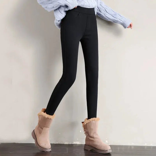Women's warm winter leggings, thick velvet tight pants, casual solid elastic skinny pants with elastic waistband, black and white MedSurgery Store For Digital Health