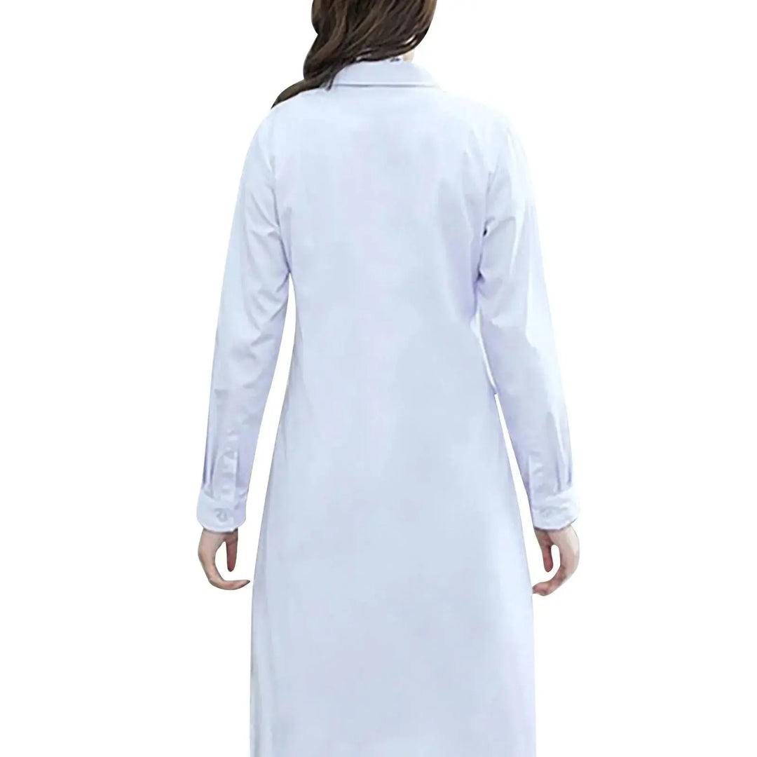 Unisex men's and women's long sleeve white lab coat, tunic style blouse with notched lapel collar and buttons for medical and nursing uniform MedSurgery Store For Digital Health