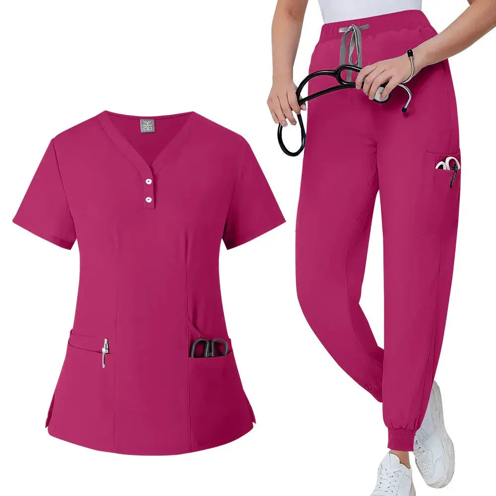 Women's gown set, V-neck pocket top, exfoliating jogging pants with drawstring, nursing scrubs, surgical scrubs CJdropshipping