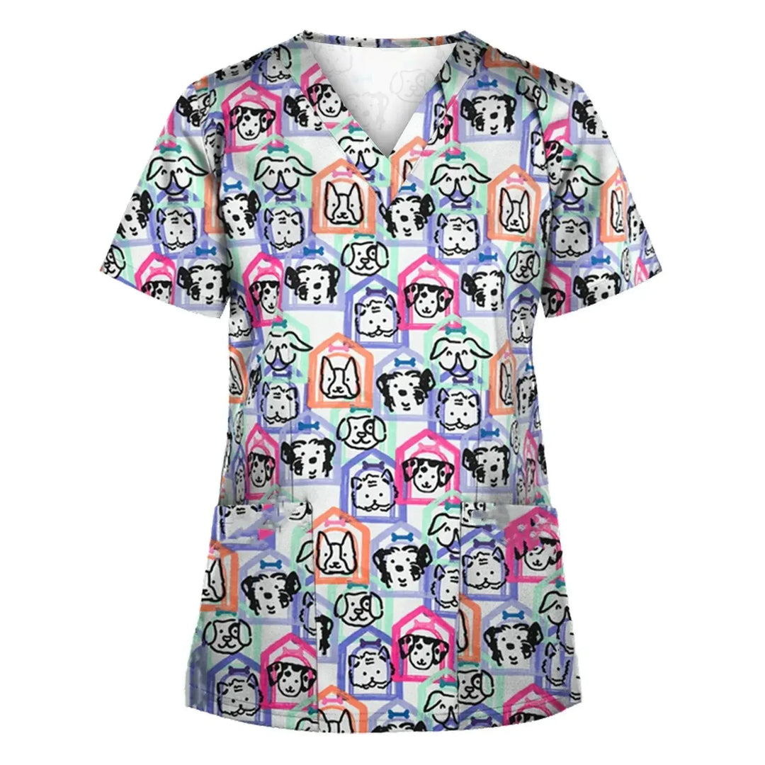 Animal vignette print veterinary surgical uniform for women, fashion v-neck tops, short sleeve, pet doctor CJdropshipping.