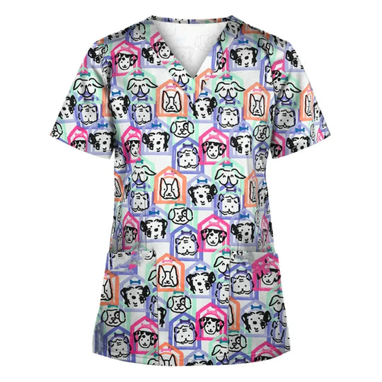 Animal vignette print veterinary surgical uniform for women, fashion v-neck tops, short sleeve, pet doctor CJdropshipping.