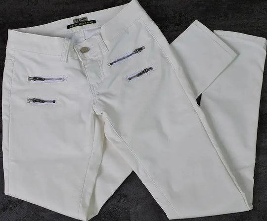 Women's low rise pants, elastic tight pants with double zipper, white faux leather pants for women MedSurgery Store For Digital Health