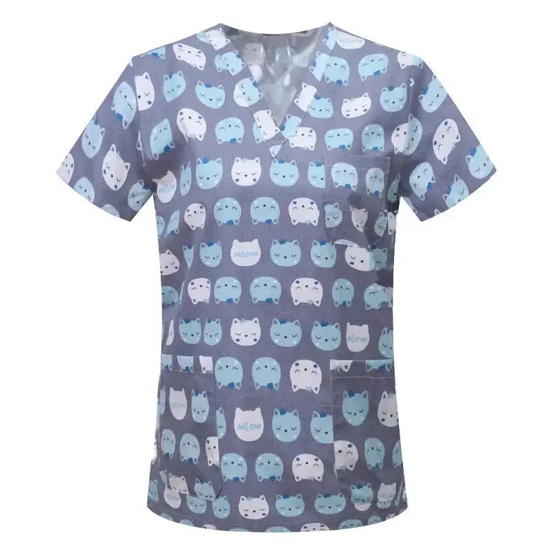 Cartoon animal print cotton blouse, medical surgical scrubs for pet clinic, Hospital, nursing CJdropshipping