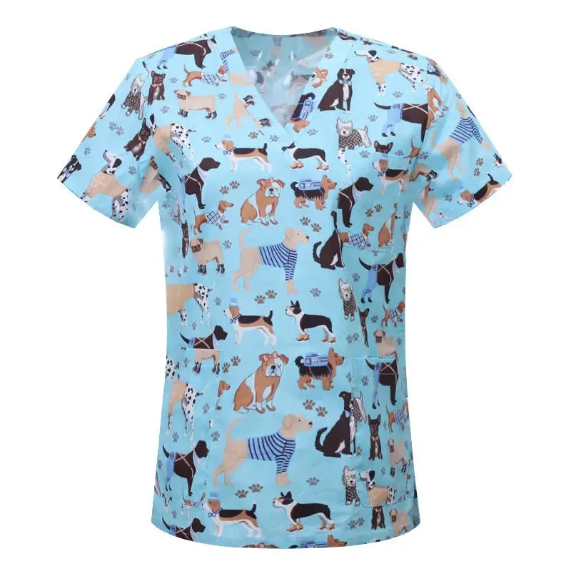 Cartoon animal print cotton blouse, medical surgical scrubs for pet clinic, Hospital, nursing CJdropshipping