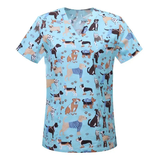 Cartoon animal print cotton blouse, medical surgical scrubs for pet clinic, Hospital, nursing CJdropshipping