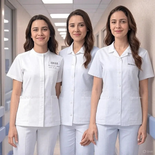 Women's White, Pink and Blue Scrub Set "BlushCare Elite" - Two-Piece Short Nurse Uniform with Comfort and Adjustable dsers-fulfillment-service